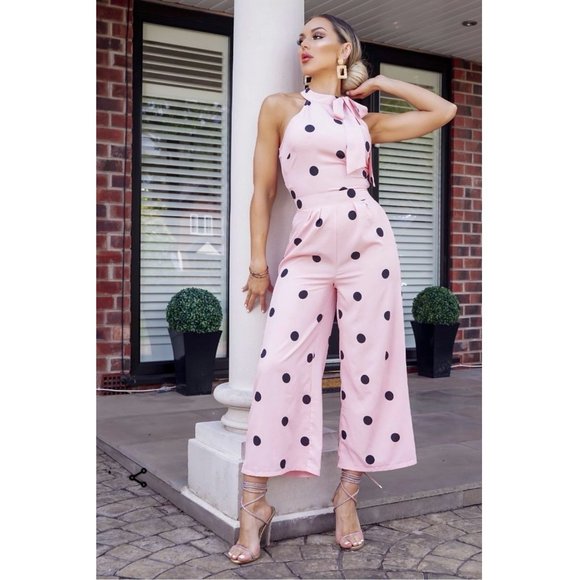 Pink Polka Dot Sleeveless High Neck Wide Leg Culotte Jumpsuit - Picture 9 of 13